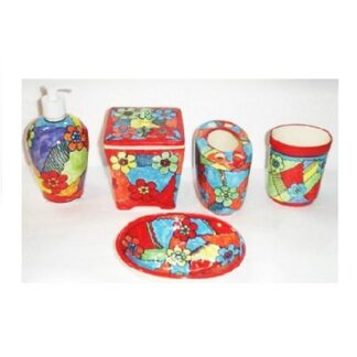 Ceramic Bathroom set, typically including a soap dispenser, a toothbrush holder, a soap dish, a tumbler, and a container for cotton swabs or other small items #9026