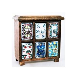 Hand Painted Wooden Chest with 6 Ceramic Box Multipurpose Storage Organiser Wooden Chest with Ceramic kitchen ware hand-painted 6-drawer spice chest, likely made of ceramic or porcelain Ceramic Handcrafted Multi Utility Storage Jar with 6 drawers #9096
