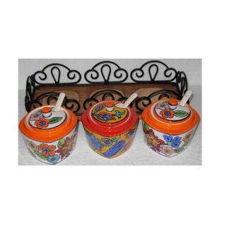 Set of Ceramic Pickle Jars, also referred to as Achar Barni, with a Stand Multi-Purpose Ceramic Pickle & Chutney Jar Set & Holder Multicolor Hand-Painted Pickle Container for Kitchen Achar Jar Chutney Jam Jars #9101