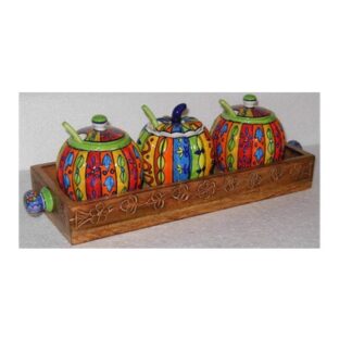 Set of Ceramic Pickle Jars, also referred to as Achar Barni, with a Stand Multi-Purpose Ceramic Pickle & Chutney Jar Set & Holder Multicolor Hand-Painted Pickle Container for Kitchen Achar Jar Chutney Jam Jars #9102