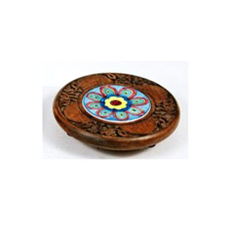 Wood and Ceramic Burner Incense Burning Incense sticks or cones the design features a carved wooden base with a colourful, decorative ceramic or enamel inlay in the centre #9162
