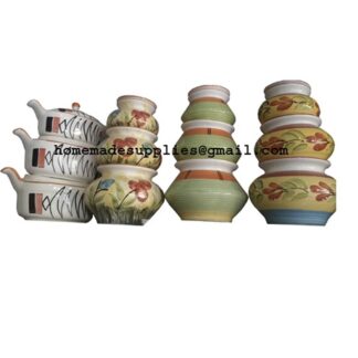 Ceramic pots, likely intended for kitchen use They feature a variety of shapes and painted designs, including floral patterns and geometric stripes Handmade Exclusive Range Ceramic Dahi Handi/Curd Pot/Mitti Handi/Clay Pot with Lid, Also for Serving (Multi Coloured Shade) #9167