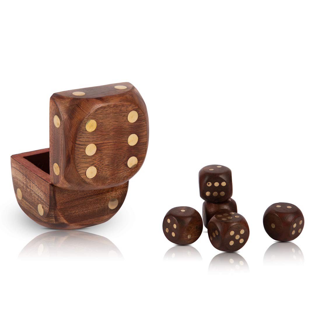 Handcrafted Wooden 5 Dice Box Holder Shaker Dice Roller Thrower Portable Dice Cup Five Dice Game Set Storage Case Decorative Brass Inlay Collectible Birthday Housewarming Gift Ideas Men Women Teens 50mm #9465 - Image 2