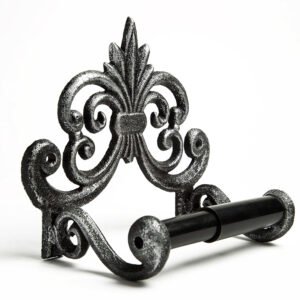 Paper holder Fleur De Lis Cast Iron Toilet Paper Roll holder - European Vintage Design Silver with Black Finish 172mm #5015