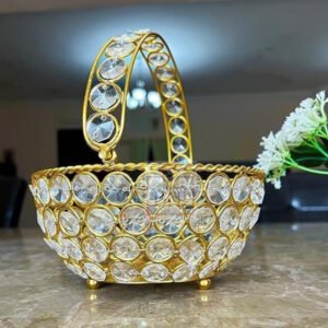 Metal Flower Basket (tokari) with Crystal Studded, Decorative Golden Metal Flower Vase for Home Office Gift, 150mm #9448