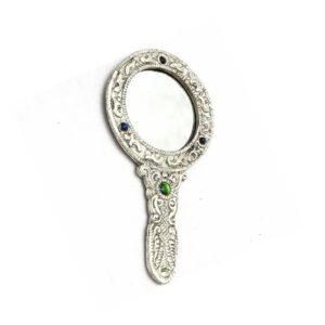 Brass Decorative Round Hand Held Mirror Vintage Carving Silver Polished Handmade Style Vanity Hand Held Mirror Modern Round Metal Silver Plated Hand Mirror For Gifting, For Professional 125mm #9023