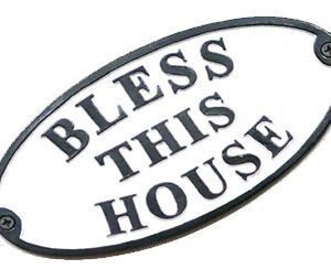 Cast Iron "BLESS THIS HOUSE" Oval Sign Plaque Door Wall Fence Post Cafe Shop Pub Hotel Bar Work B/White Vintage Finish 175mm #3542