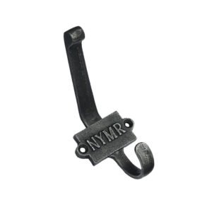 Robust Cast Iron Hat & Coat Hook-and-plaque with text "NYMR- North Yorkshire Moors Railway 100mm #678 Black / Rustic / Natural Lacquered Finishes