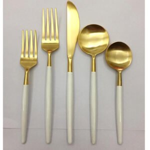 Brass 5 Pc Cutlery Set Of Spoon Knife Forks With Wooden Handles #6828