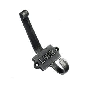 Robust Cast Iron Hat & Coat Hook-and-plaque with text "LNER- North Yorkshire Moors Railway 100mm #7530 Black / Rustic / Natural Lacquered Finishes