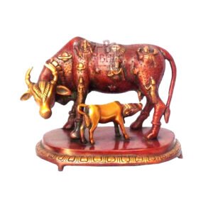 Brass Cow With Calf Statue in Brass Metal With Coral Stone Work 225mm #7597