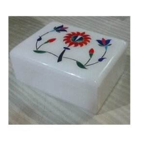 White Marble Stone Sangemarmar jewellery box Inlay work with Colored Box-Rectangle #8903