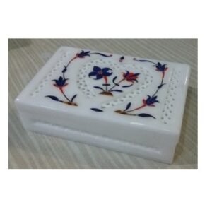 White Marble Stone Sangemarmar Inlay work with Colored Stone Jewellery Box Rectangle 150mm #8908