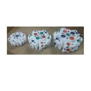 White Marble Stone Sangemarmar Elephant Round Jewellery Box, For Decoration Inlay work with Colored Stone Jewellery Box Hand carved small storage Box with 6 Elephants surrounding It 130mm #8912