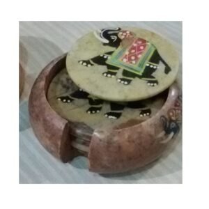 Natural Marble Soapstone Sangemarmar Coasters Inlay work with Coloured Stone - Set of 6 Marble Coasters for Dining Table - Natural Marble Tea Coaster with Stand - Home Decor and Kitchen Accessories (Stand Coaster Set) Marble Elephant Design Tea Coasters Marble Coaster | Drink Coaster | Tea Coaster | Natural Stone Coaster | Traditional Painted Tea Coaster 100mm #8920