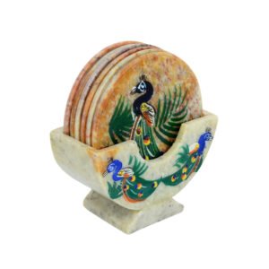 Natural Marble Stone Sangemarmar Coaster Inlay Work with Coloured Stone - Set of 6 Marble Coasters for Dining Table -Natural Marble Tea Coaster with Stand - Home Decor and Kitchen Accessories (Stand Coaster Set)  100mm #8923