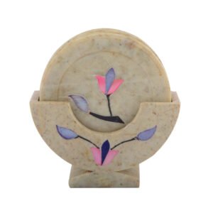 Natural Marble Stone Sangemarmar Coaster Inlay Work with Coloured Stone - Set of 6 Marble Coasters for Dining Table -Natural Marble Tea Coaster with Stand - Home Decor and Kitchen Accessories (Stand Coaster Set)  100mm #8925