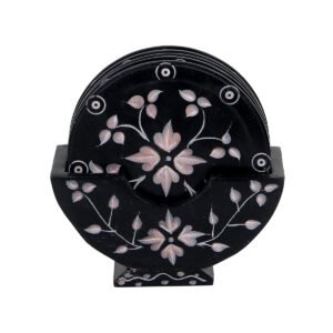 Black & Red  Marble Stone Sangemarmar Inlay work with White Stone - Set of 6 Marble Coaster for Dining Table -Natural Marble Tea Coaster with Stand - Home Decor and Kitchen Accessories (Stand Coaster Set) 100mm #8927