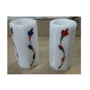 White Marble Soap Stone Sangemarmar Pen Holder Inlay work with Coloured Stone  - Perfect Handmade for Gifting Decorative Home and Office Decor Handicrafts Marble Decorative Marble Stone Pen Holder 150mm #8928