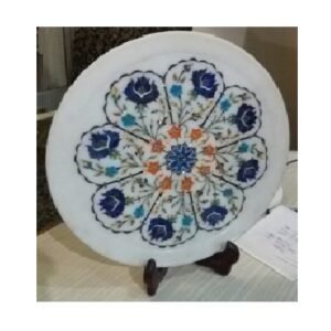 White Marble Stone Sangemarmar Inlay Work with Coloured Stone Exclusive Decorative Marble inlay plate perfect for Home, office and Gifts 300mm #8940