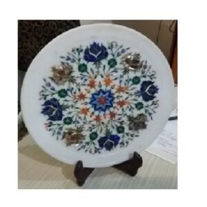 White Marble Stone Sangemarmar Inlay Work with Coloured Stone Exclusive Decorative Marble inlay plate perfect for Home, office and Gifts 300mm #8941