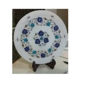 White Marble Stone Sangemarmar Inlay Work with Coloured Stone Exclusive Decorative Marble inlay plate perfect for Home, office and Gifts 300mm #8942