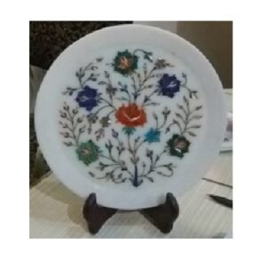 White Marble Stone Sangemarmar Inlay Work with Coloured Stone Exclusive Decorative Marble inlay plate perfect for Home, office and Gifts 300mm #8943