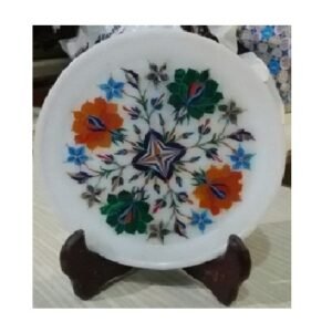 White Marble Stone Sangemarmar Inlay Work with Coloured Stone Exclusive Decorative Marble inlay plate perfect for Home, office and Gifts 300mm #8944