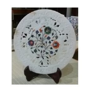 White Marble Sculptures Flower Meenakari Round Plate Decorative Item with Back Stand White Marble Stone Sangemarmar Inlay Work with Coloured Stone Exclusive Decorative Marble inlay plate perfect for Home, office and Gifts 175mm #8945