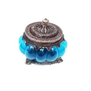 Blue Blown Scallop Glass Detailed Embossed Metal Footed Trinket Box  #8954