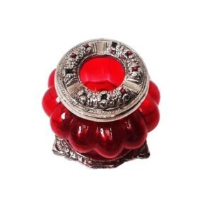 Red Blown Scallop Glass Detailed Embossed Metal Footed Trinket Box #8965