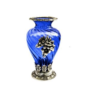 Royal Glass Flower Pot Vase with Antique Oxidized Metal Grapevine Brooch, Border & Base Royal Blue 270mm #8968