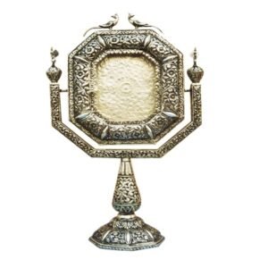Decorative silver mirror on a stand Silver Mirror Decorative Mirror Table Mirror (due to its stand) Handicraft Mirror Antique Mirror (given its ornate style) Ornate Mirror Metal Mirror  #8997