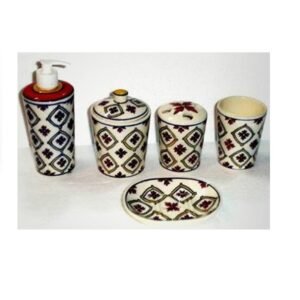 Ceramic Bathroom set,the set includes a soap dispenser, a lidded jar, a toothbrush holder, a tumbler, and a soap dish, all featuring a matching geometric pattern #9027
