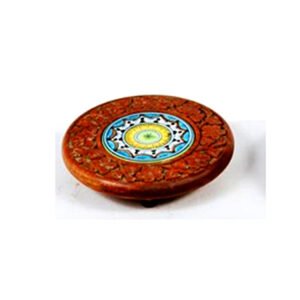 Wood and Ceramic Burner Incense Burning Incense sticks or cones the design features a carved wooden base with a colourful, decorative ceramic or enamel inlay in the centre #9156