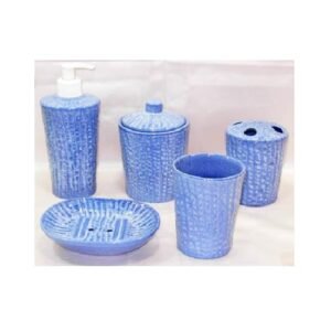 Ceramic Bathroom set,the set includes a soap dispenser, a lidded jar, a toothbrush holder, a tumbler, and a soap dish, all featuring a matching geometric pattern #9080