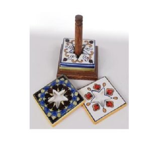 Set of ceramic coasters with a wooden holder these coasters are often used to protect surfaces from the heat and moisture of drinks the holder helps to keep the coasters organized and easily accessible #9089