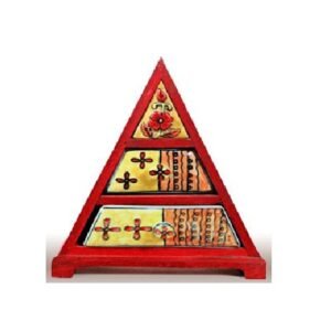 Hand Painted Triangle Shape Wooden Mini/Small 3 Drawer Multipurpose Storage Organiser Mini Wooden Chest with Ceramic kitchen ware hand-painted 3-drawer spice chest, likely made of ceramic or porcelain Ceramic Handcrafted Multi Utility Storage Jar with Lid triangular shape with multiple drawers #9095