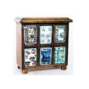 Hand Painted Wooden Chest with 6 Ceramic Box Multipurpose Storage Organiser Wooden Chest with Ceramic kitchen ware hand-painted 6-drawer spice chest, likely made of ceramic or porcelain Ceramic Handcrafted Multi Utility Storage Jar with 6 drawers #9096