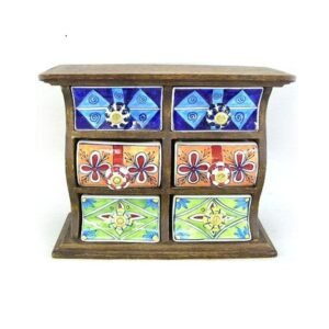 Wooden Mini Chest ceramic drawers Jewellery Storage/Desk Organizer/wooden table top chest/kitchen counter top for spices and tea bags/jewellery organiser/Diwali gift Wooden Chest with Ceramic Drawers, Antique Rajasthani Design Handcrafted Unique Table Decor Showpiece, Embossed Painted Glossy Box Used for Home Spices Gift 330mm  #9097