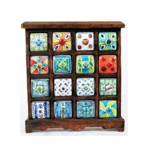 Wooden Mini Chest ceramic drawers Jewellery Storage/Desk Organizer/wooden table top chest/kitchen counter top for spices and tea bags/jewellery organiser/Diwali gift Wooden Chest with 16 Ceramic Drawers, Antique Rajasthani Design Handcrafted Unique Table Decor Showpiece, Embossed Painted Glossy Box Used for Home Spices Gift 330mm  #9098
