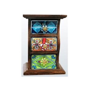 Wooden Mini Chest 3 Ceramic Drawers Jewellery Storage/Desk Organizer/wooden table top chest/kitchen counter top for spices and tea bags/jewellery organiser/Diwali gift Wooden Chest with 3 Ceramic Drawers, Antique Rajasthani Design Handcrafted Unique Table Decor Showpiece, Embossed Painted Glossy Box Used for Home Spices Gift #9099
