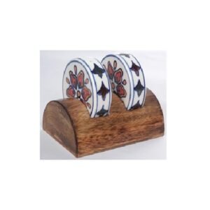 Wooden Napkin Holder with Two Ceramic Napkin Rings napkin holder with two decorative ceramic rings placed on a wooden base the rings have a floral pattern and are likely used to hold napkins in place #9146