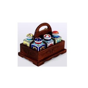 Ceramic Container with Wood Stand It features four ceramic containers with colourful, patterned lids, housed in a wooden stand #9153