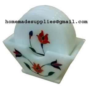 White Marble Stone Sangemarmar Coasters - Set of 6 Marble Coasters for Dining Table - White Marble Tea Coaster with Stand - Home Decor and Kitchen Accessories (Stand Coaster Set)  100mm #2392