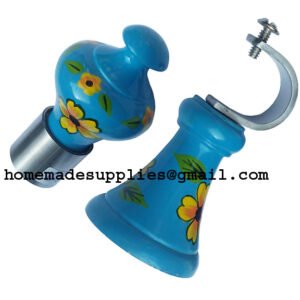 Curtain Support Bracket & Finial Set Wooden Blue Painted #2731