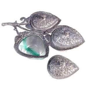 Silver Metal Silver Antique Tray With Three Glass Bowl decorative bowls on a tray, possibly used for serving dry fruits or other small items, or simply as a decorative piece for home decor # 9065