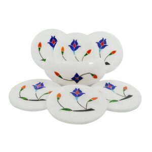 White Marble Stone Sangemarmar Coasters - Set of 6 Marble Coasters for Dining Table - Handcrafted Marble Round White Inlay Work Coaster with Holders Home Decor and Kitchen Accessories (Stand Coaster Set) 105mm Dia #9042