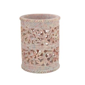 Natural Marble Soft Stone Sangemarmar Made Floral Carved Pen Holder/Candle Holder/Tea Light Holder 100mm #9043