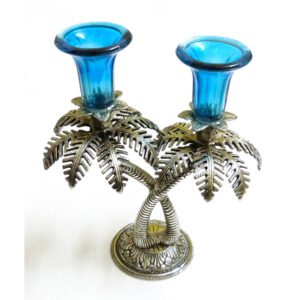 Silver Antique Metal Silver Handicraft Antique Palm Tree Design Glass Candle Holder Table Top Silver Plated Double Candle Holder For Decoration & Gifting, Home Decor Stand Showpiece Decorative Tealight Holder for Drawing Room Home Office Living Room Decoration and Gift 245mm #9060
